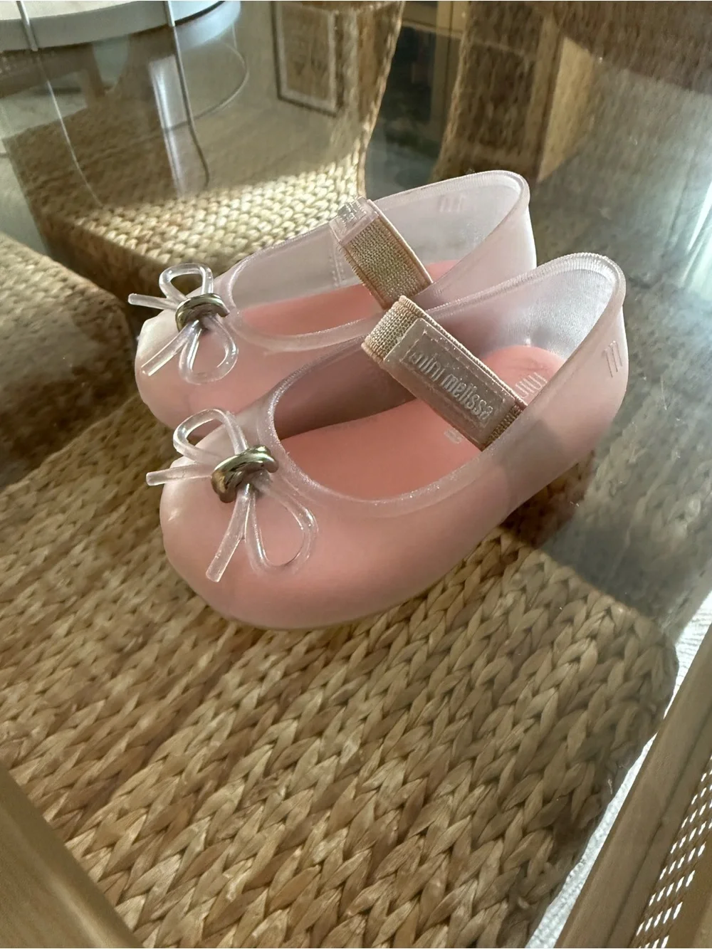 Girls Pink Mini Melissa Mary Jane Ballet Flats with Gold Accent and Bow Size 5T